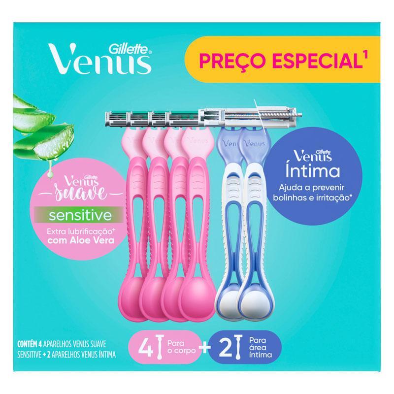 Kit Aparelho de Depilar Gillette Venus Suave Sensitive 4 Unidades + Aparelho de Depilar Gillette Venus Íntima 2 Unidades em Oferta na Shopee
