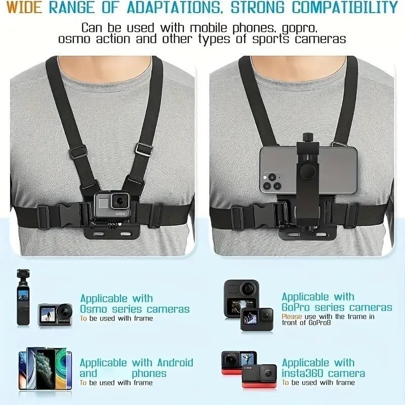 Suporte de Peito Para Celular e Gopro Peitoral Peito ajustável Câmera Esportivo Moto Bike