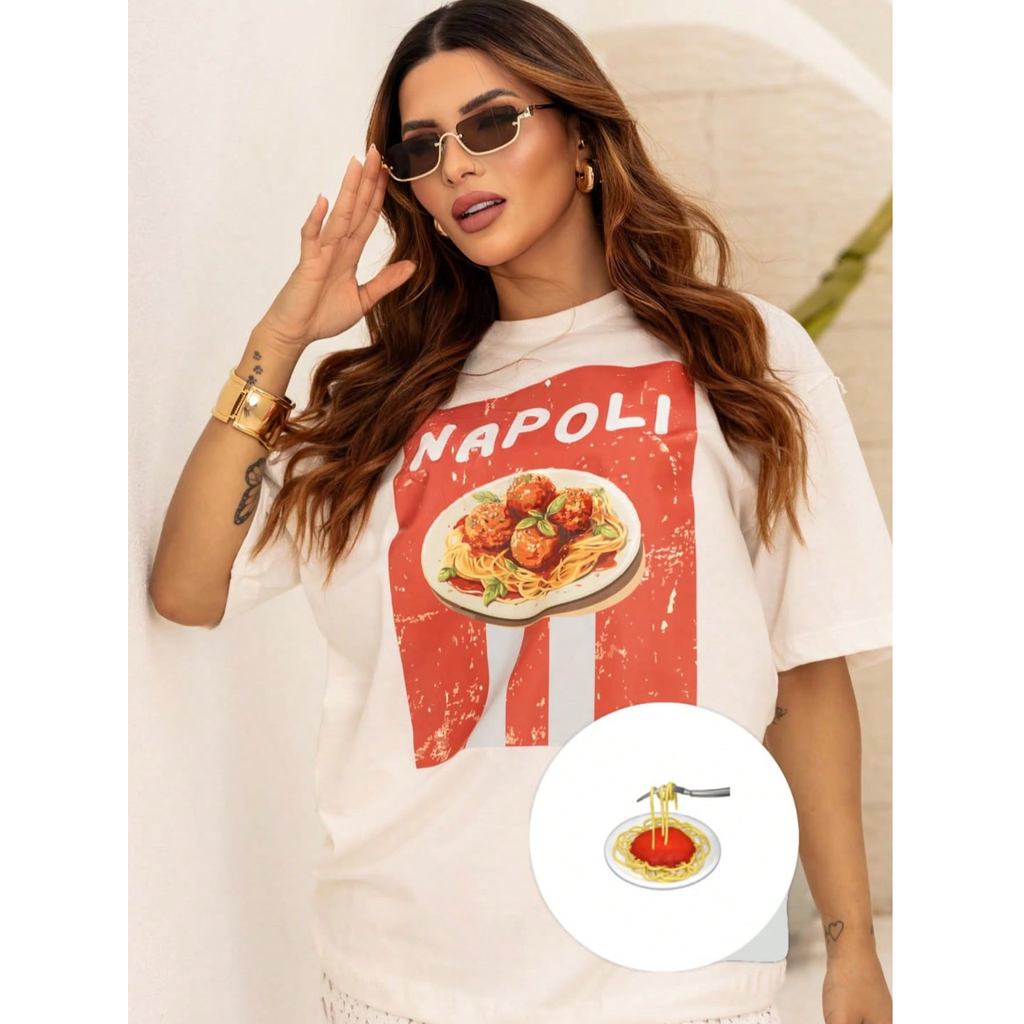 Blusa Feminina Gola Redonda Estampa NAPOLI Camiseta em Algodão