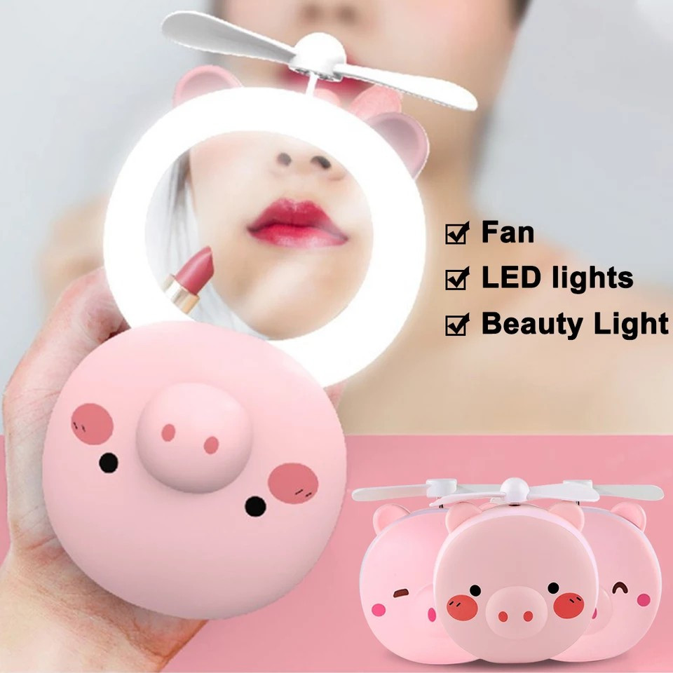 Piggy beleza espelho com luz de beleza Mini LED espelho de maquiagem portátil ventilador anel luz piggy portátil beleza