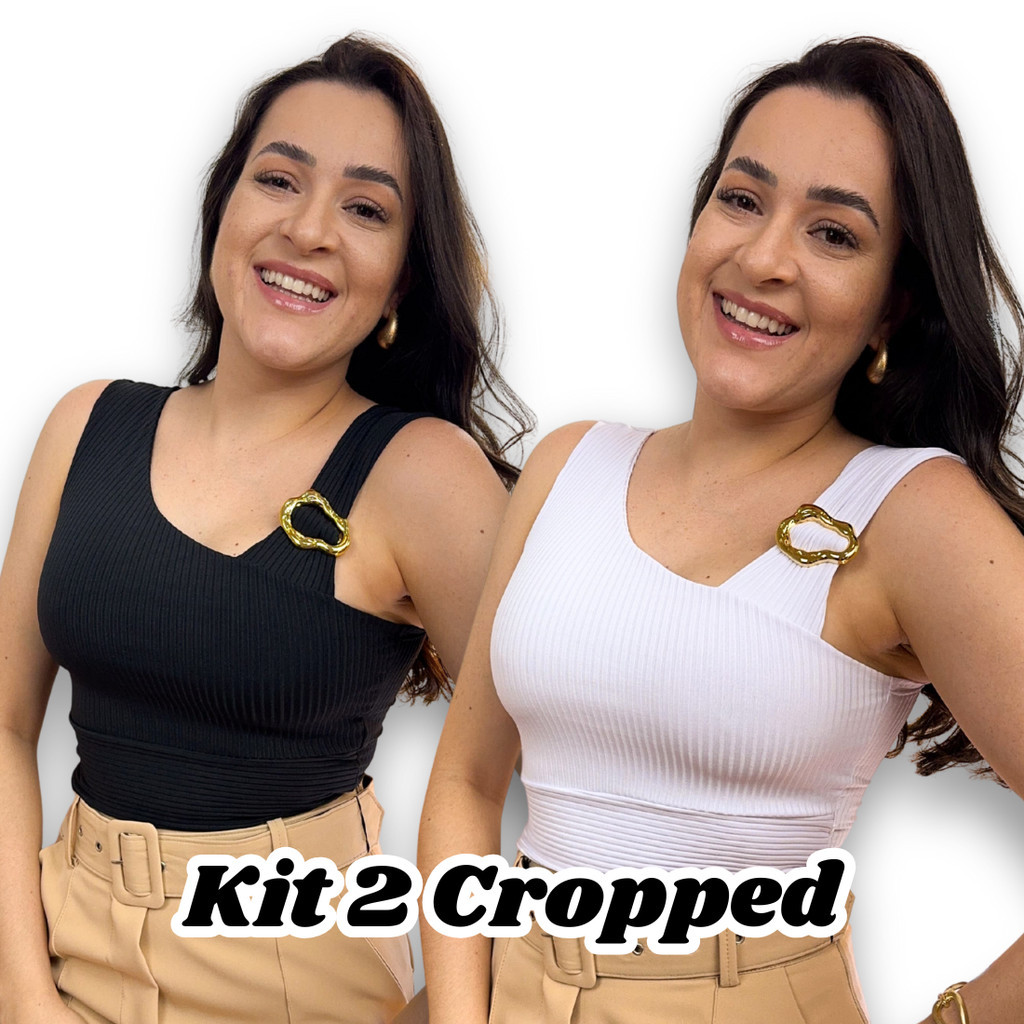 Kit 2 Blusa Cropped Fivela Canelado Feminino Moderno Tendencia Elegante Casual Assimetrico
