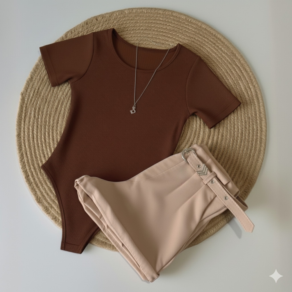 Kit Conjunto 1 Body Gola CARECA CANOA Neutra  + Short Neutro em Alfaiataria com cinto Moda Blogueira Tendencia 2026