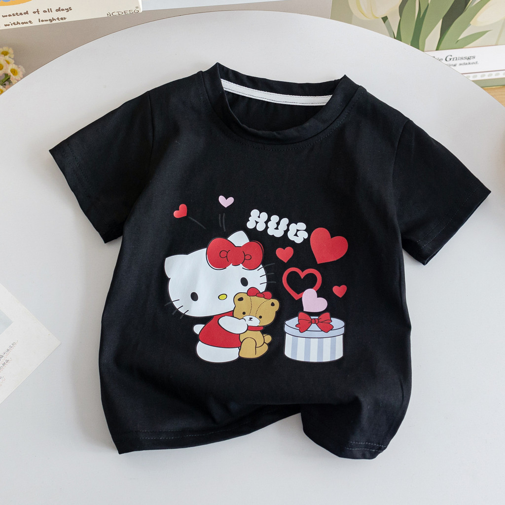 Crianças crianças verão novo estilo em torno do pescoço dos desenhos animados kt gato de manga curta puro algodão solto 
