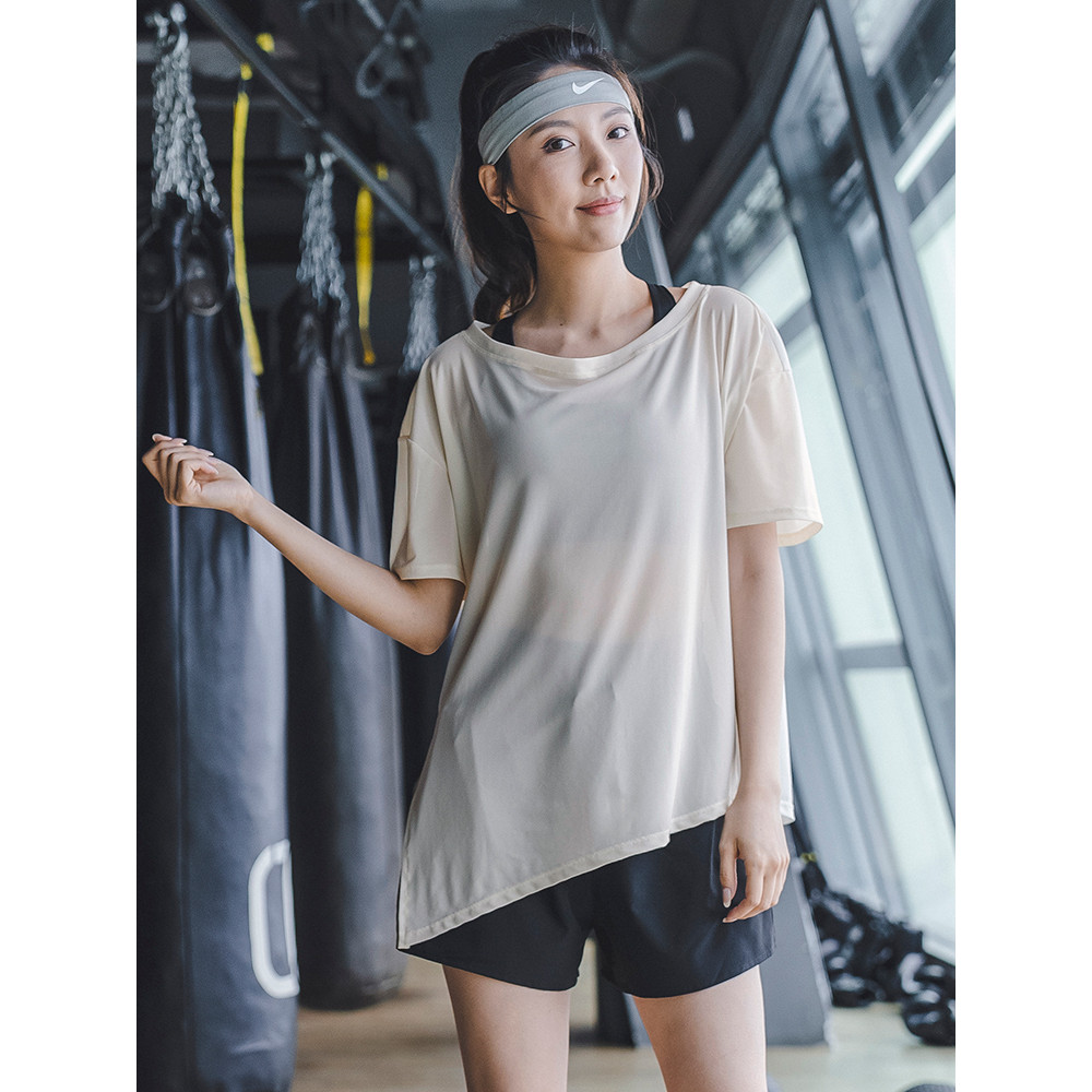 Fitness topo feminino verão solto Yoga blusa de secagem rápida de manga curta manhã correndo lazer treinamento esportes