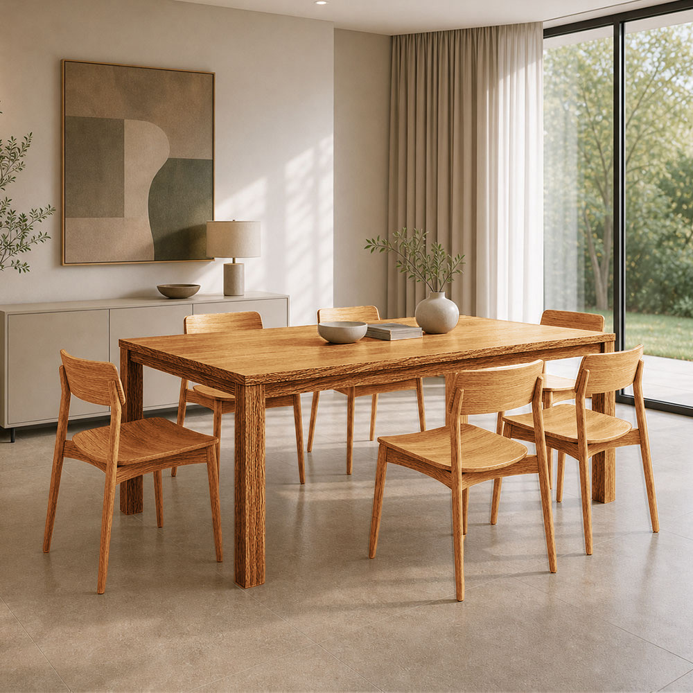 Mesa de Jantar 6 Lugares 180cm Com 06 Cadeiras Madeira Maciça Dunia F06 Rústico Claro - Lyam Decor