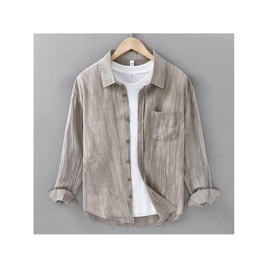 Novo estilo 5 primavera novo estilo Ramie Tencel camisa Casual masculina de manga comprida solta Retro camisa de linho e