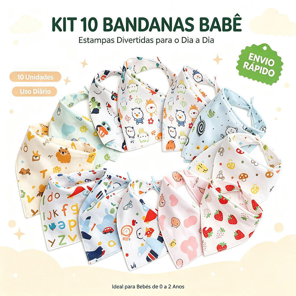 Kit 10 Bandanas Babê 100% Algodão Macio, Babador Absorvente com Botão Ajustável para Bebê em Fase de Dentição