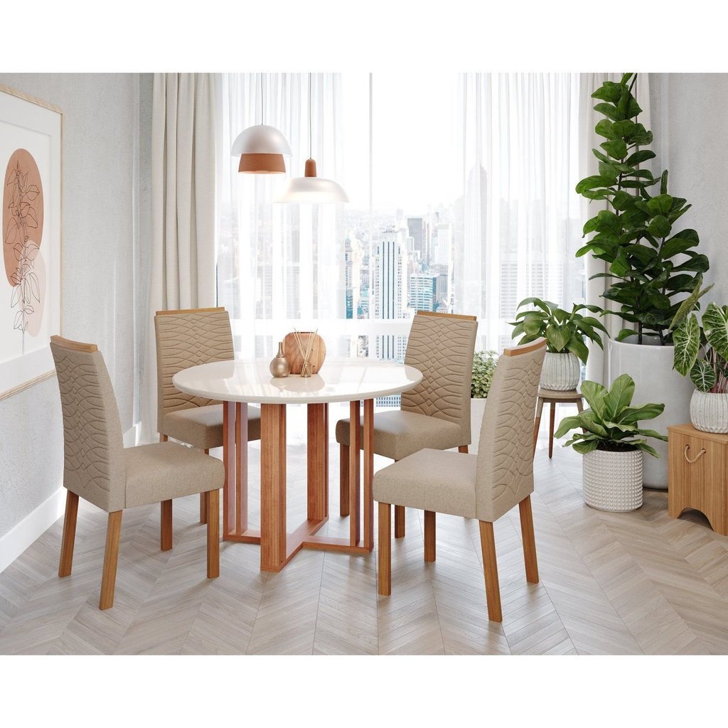 Sala de Jantar Flora Redonda com Vidro com 4 Cadeiras Clarice Wood Marrom/Cinamomo/Off White/Mad/Beg