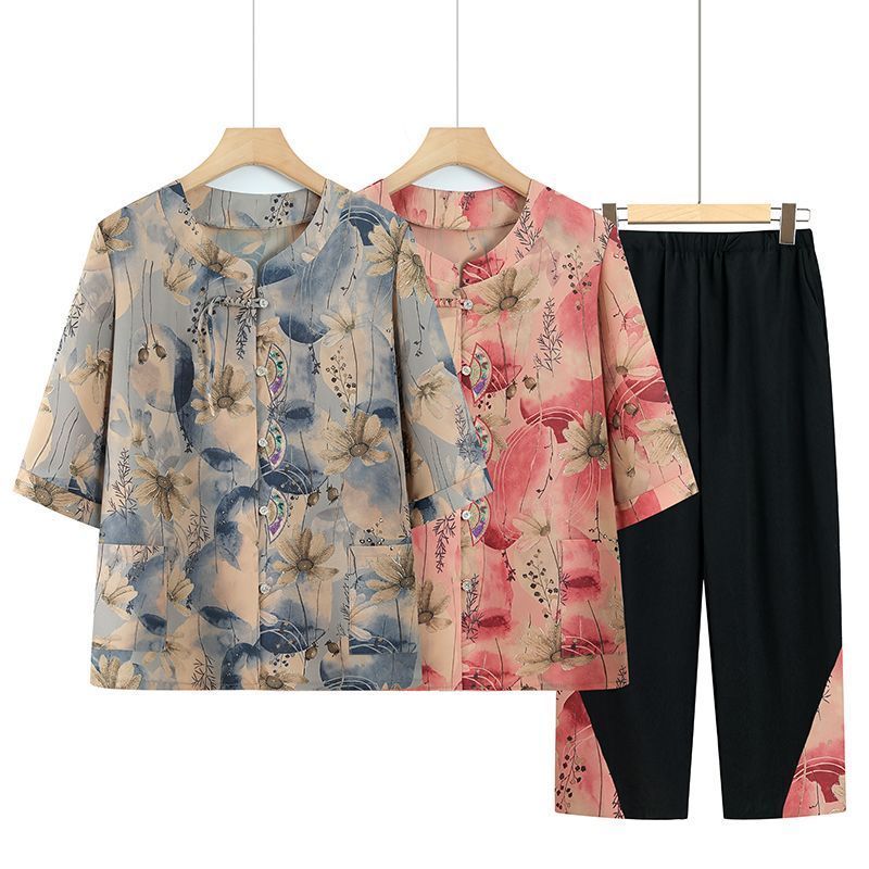 Terno roupas de verão conjunto bordado de meia-idade idosos verão roupas femininas idosos de manga média roupas d