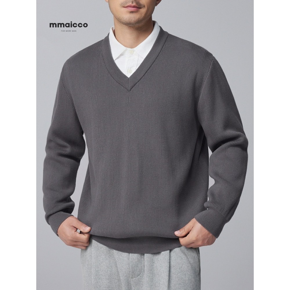 Momaike Suéter masculino com textura listrada Vertical, gola em V, outono inverno, simples, ombro caído, suéter masculin