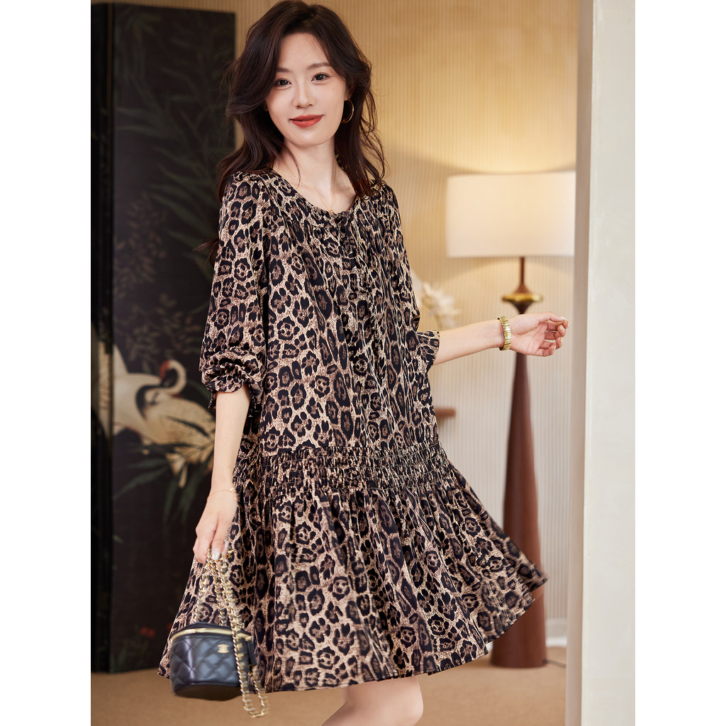 Posery leopardo impressão rendas vestido de manga comprida 2026 outono elegante elegante estilo ocidental solto vestido 