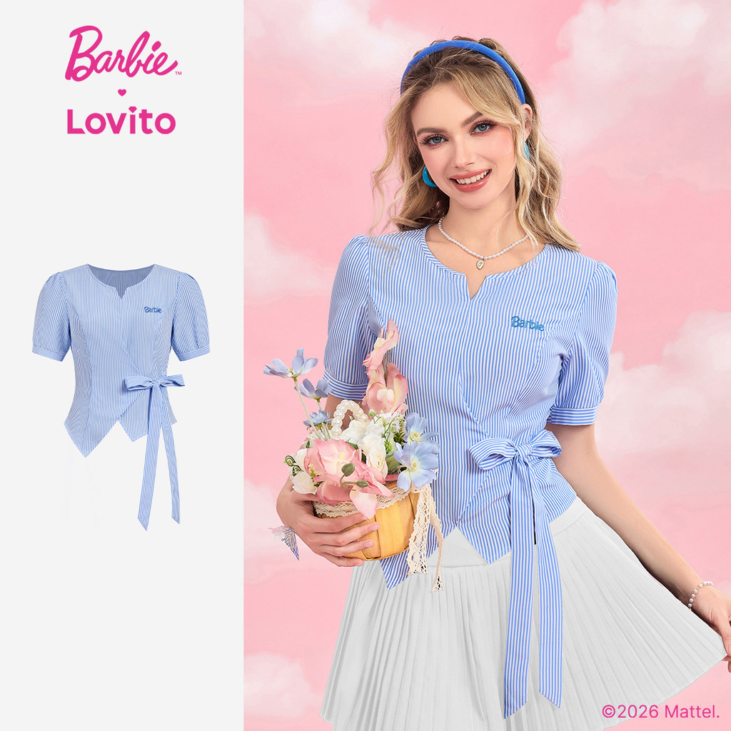 Barbie™ X Lovito Elegant Blusa Irregular Laço Azul-Branco Primavera/Verão Mulher