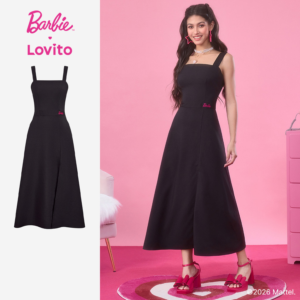 Barbie™ X Lovito Vestido Bordado Elegante Escritório Colorblock Preto Feminino LB1AD035