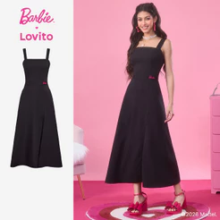 Barbie™ X Lovito Vestido Bordado Elegante Escritório Colorblock Preto Feminino LB1AD035