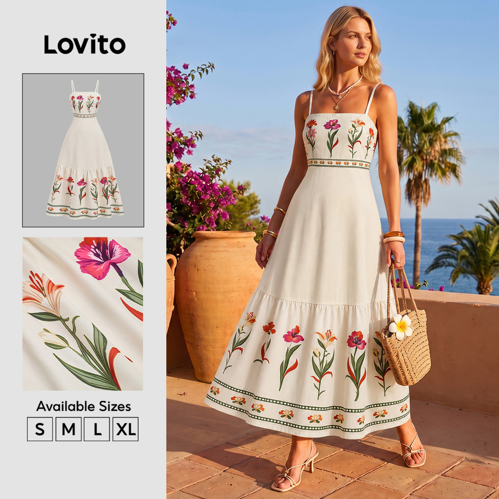 Lovito Férias Vestido Longo Com Estampa Floral Confeccionado Em Viscose E Linho Ideal Para a Primavera/verão LBL32081