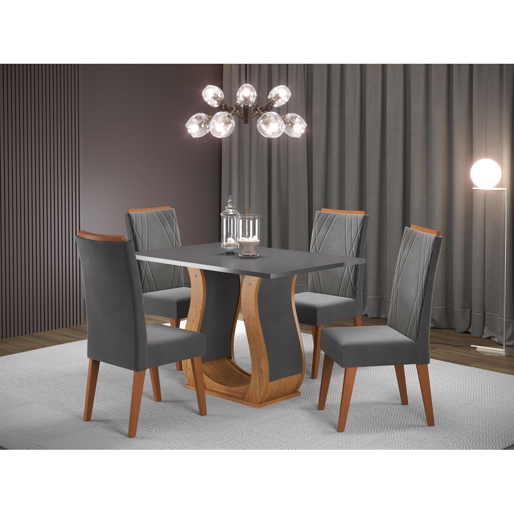 Conjunto de Mesa de Jantar Retangular em Madeira Maciça com 4 Cadeiras Nubia Vegas Yescasa Cinza/Mel Mel/Cinza/Grafite