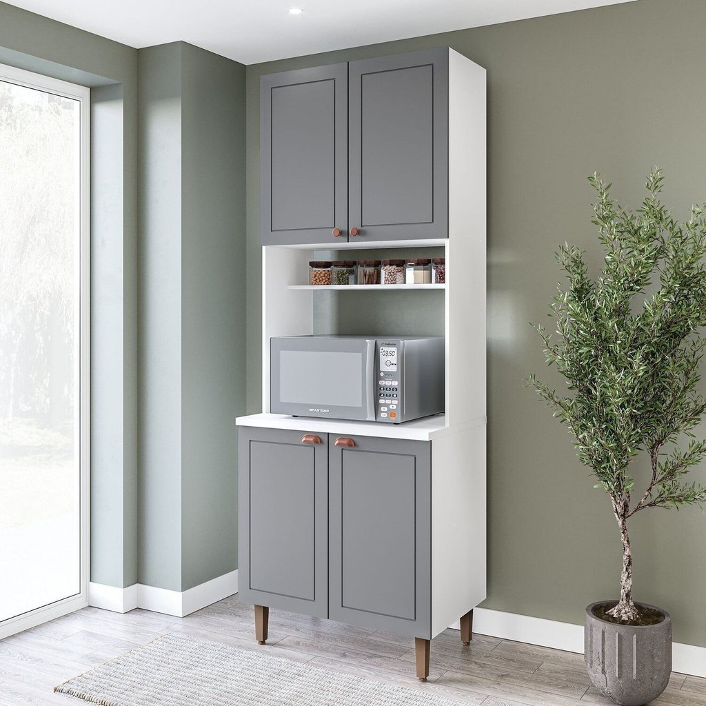 Paneleiro/Torre Quente 4 Portas 2 Nichos para Forno e Utensílios com 80 cm Pérola Yescasa Cinza/Bran Branco/Cinza