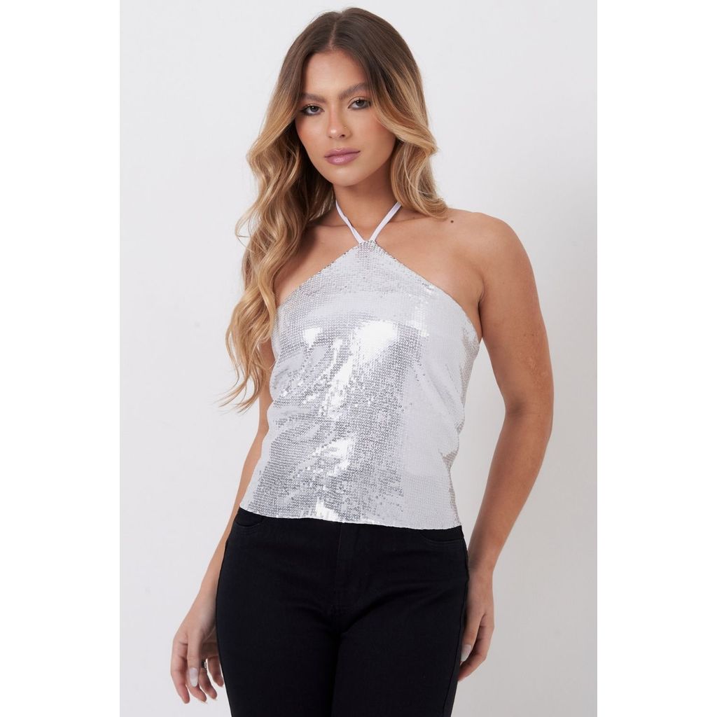 Blusa Feminina Cortininha Paetê Ross Planet Girls Prata