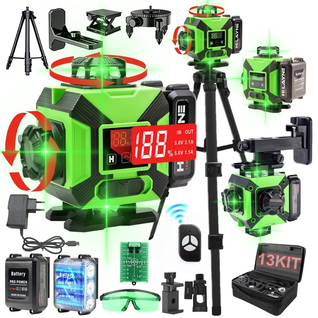 Nível Laser 4D 16 Linhas Verde 360° Auto Nivelante Profissional + Tripé 1,2m + 2 Baterias 5000mAh