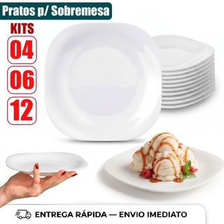 Jogo Kit 4/6/12  Pratos Sobremesa Quadrado de Vidro Opaline Branco Temperado