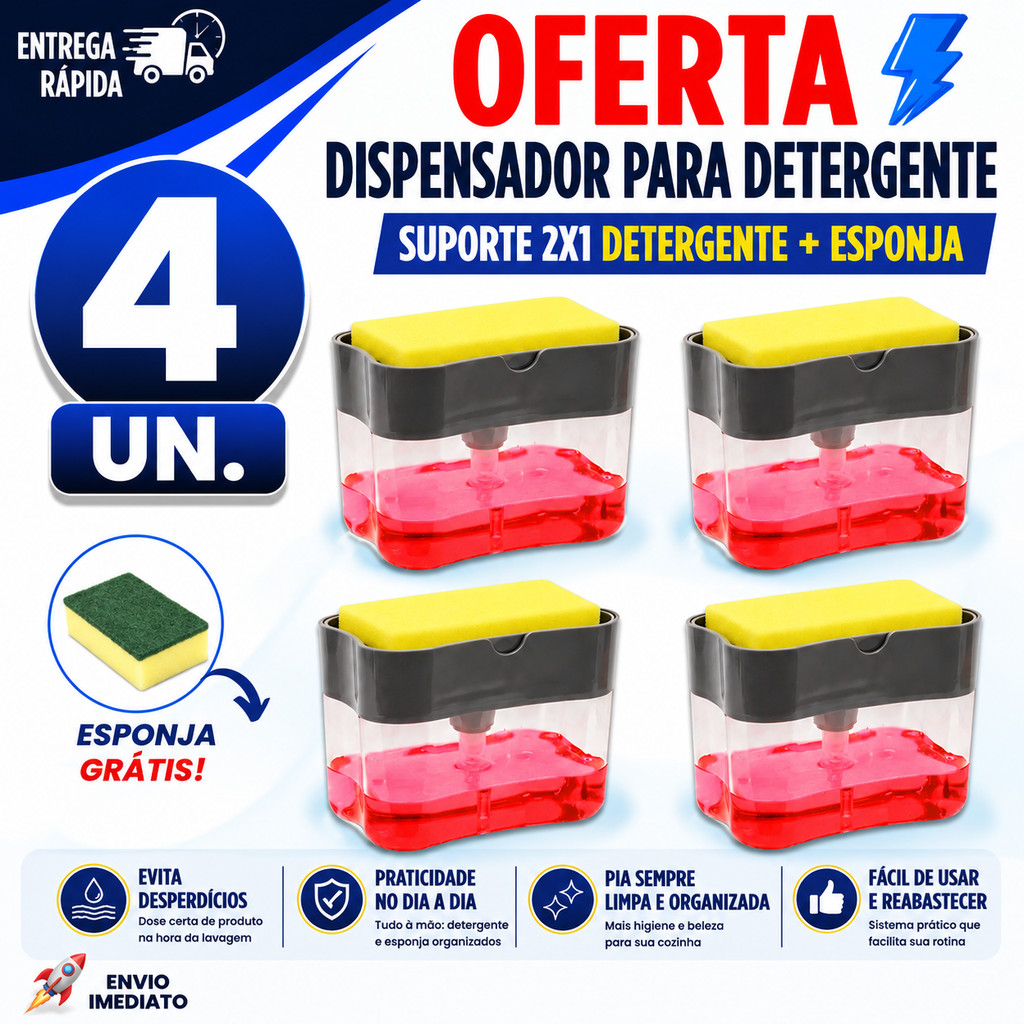 DISPENSER AUTOMÁTICO MANUAL DETERGENTE PORTA ESPONJA COZINHA UTILIDADES