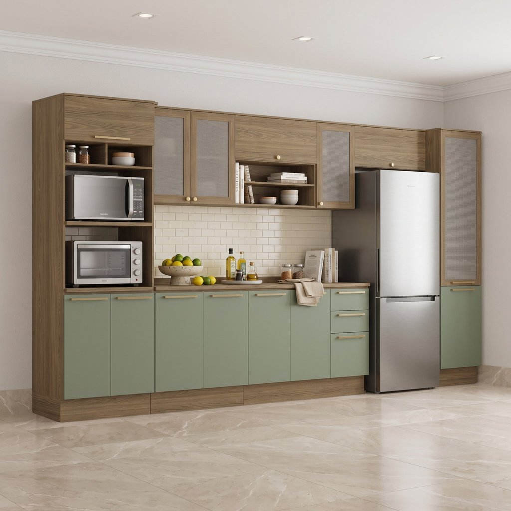 Cozinha Completa 7 Peças Botanic com Paneleiro Torre Quente e Balcão com Tampo Nogueira/Verde Nogueira/Verde Oliva
