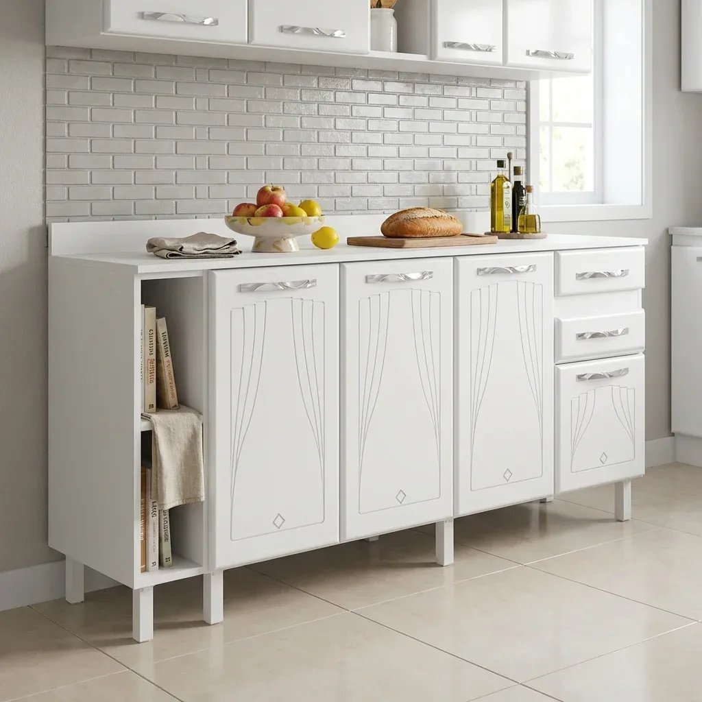 Balcão de Cozinha para Pia em Aço 4 Portas 2 Gavetas com Nichos 180cm Star New Branco
