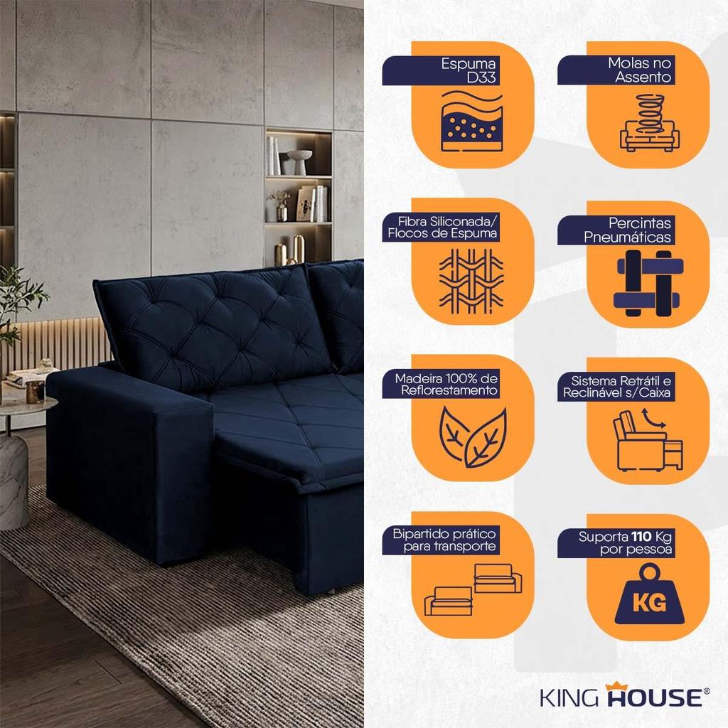 Sofá Cama Bangkok Sem Caixa 2,10m Retrátil e Reclinável Com Molas Velut Azul- King House · foto 2