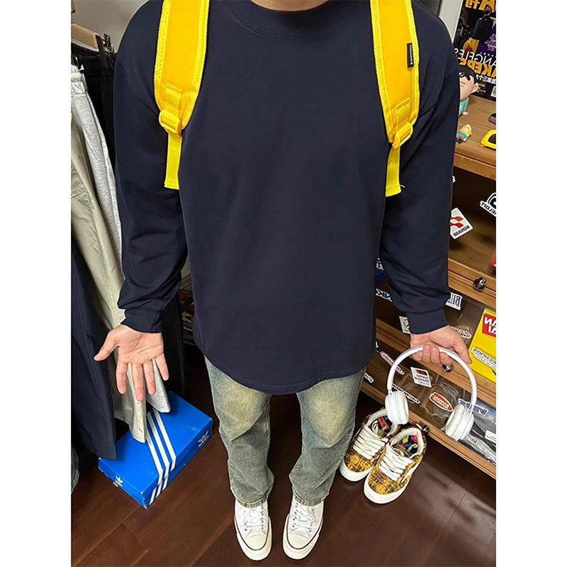 Algodão puro americano pesado de manga comprida camiseta masculina primavera outono solto cleanfit moletom sem capuz cam
