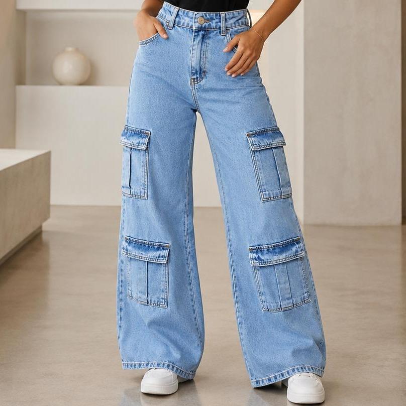 Calça Jeans Cargo Feminina Wide Leg Cintura Alta Pantalona Bolsos Cargo Jeans Claro Moda Tendência 36 ao 46