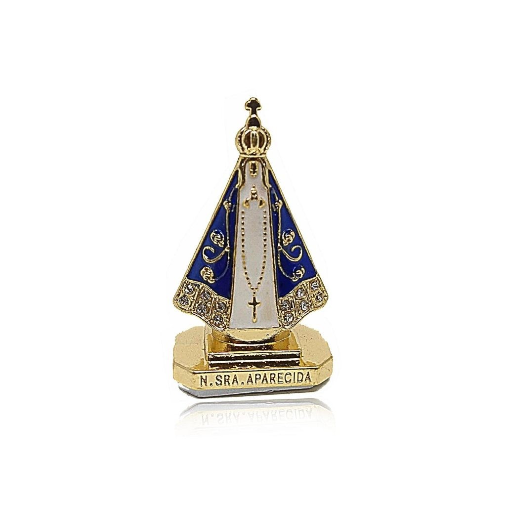 Miniatura Imagem Nossa Senhora Aparecida Para Painel de Carro Metal Dourada Com Strass Autocolante 5cm