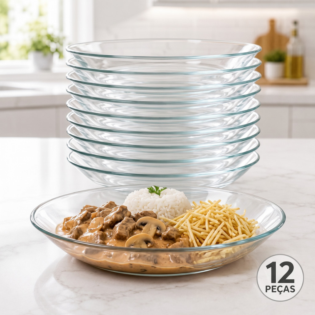 Jogo 12 Pratos Jantar Fundo Kit Pratos de Vidro Grande 23,5cm Pratos Liso para Buffet Almoço