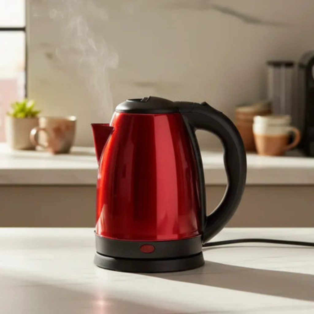 Chaleira Elétrica Inox 2 Litros 1000W Vermelha 220V Base 360° Desligamento Automático Rápida para Café e Chá