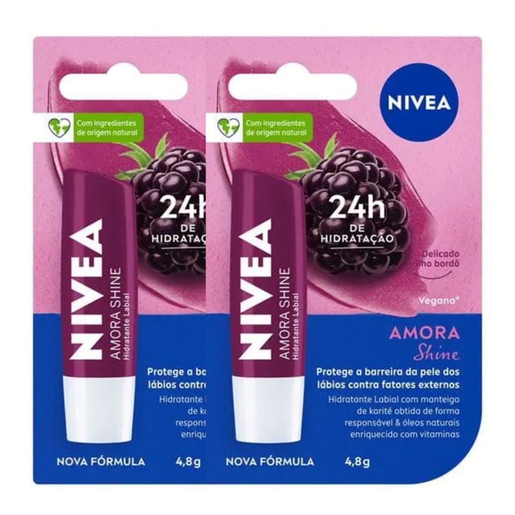 Kit 2 Protetor Labial Nivea Amora Shine Hidratante 4,8g