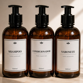 Kit 3 Dispensers organizadores Banheiro 500ml Shampoo Condicionador Sabonete Frascos PET Âmbar