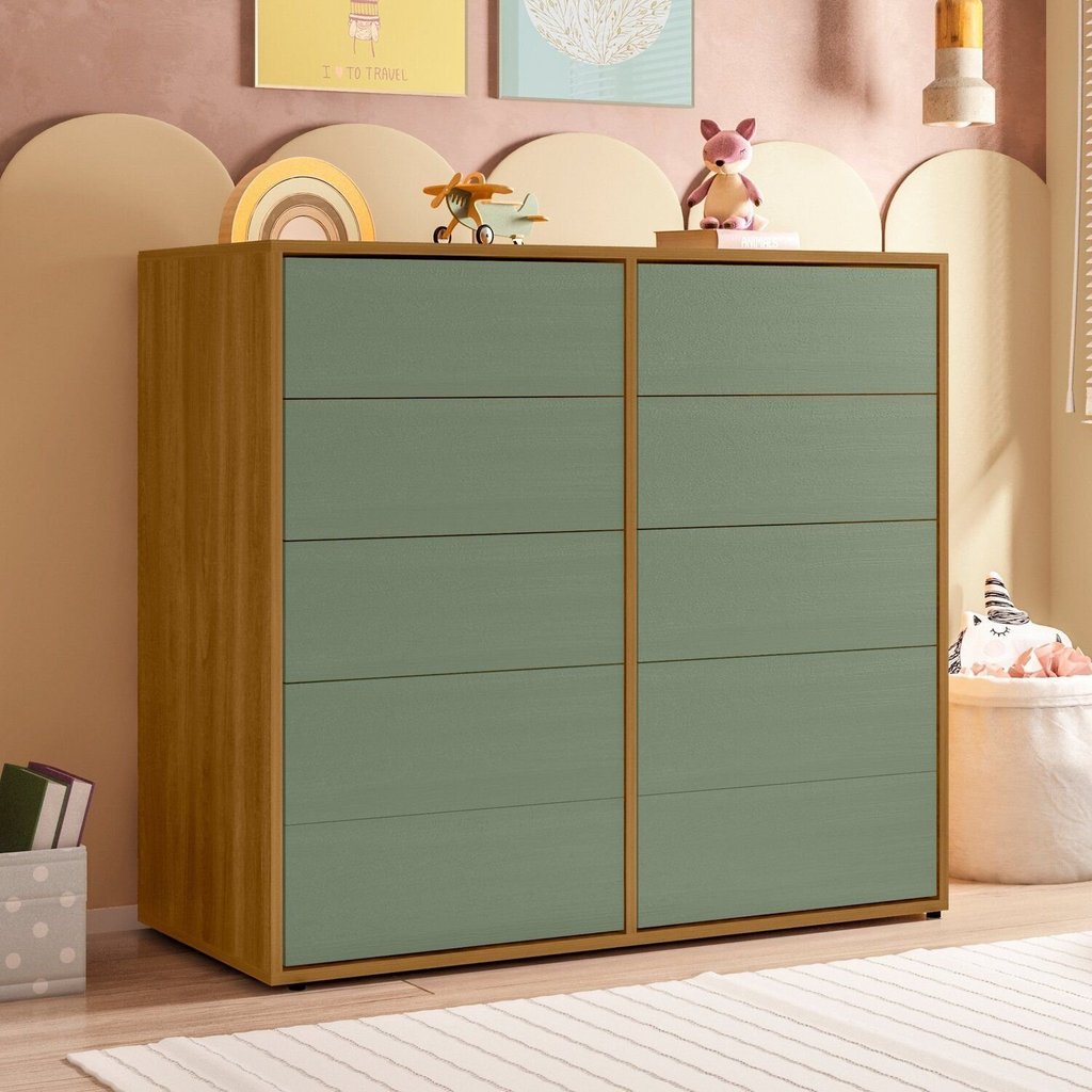Cômoda para Quarto Infantil 10 Gavetas Melinda Marrom/Freijó/Verde Freijó/Verde