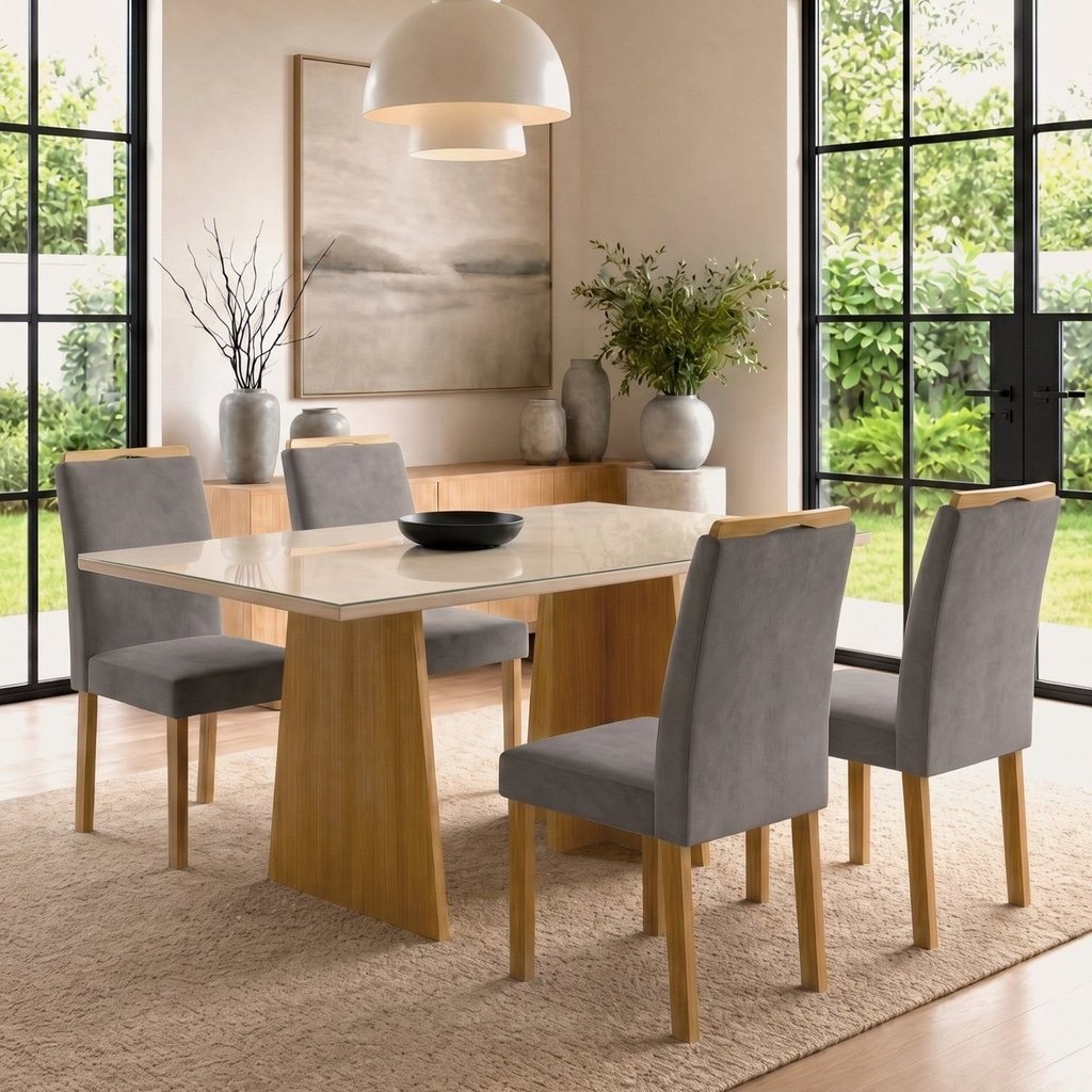 Conjunto de Mesa com 4 Cadeiras Lyra 120x80cm Vidro e MDF Cinamomo Off White e Cinza Cinamomo/Off White/Cinza Veludo