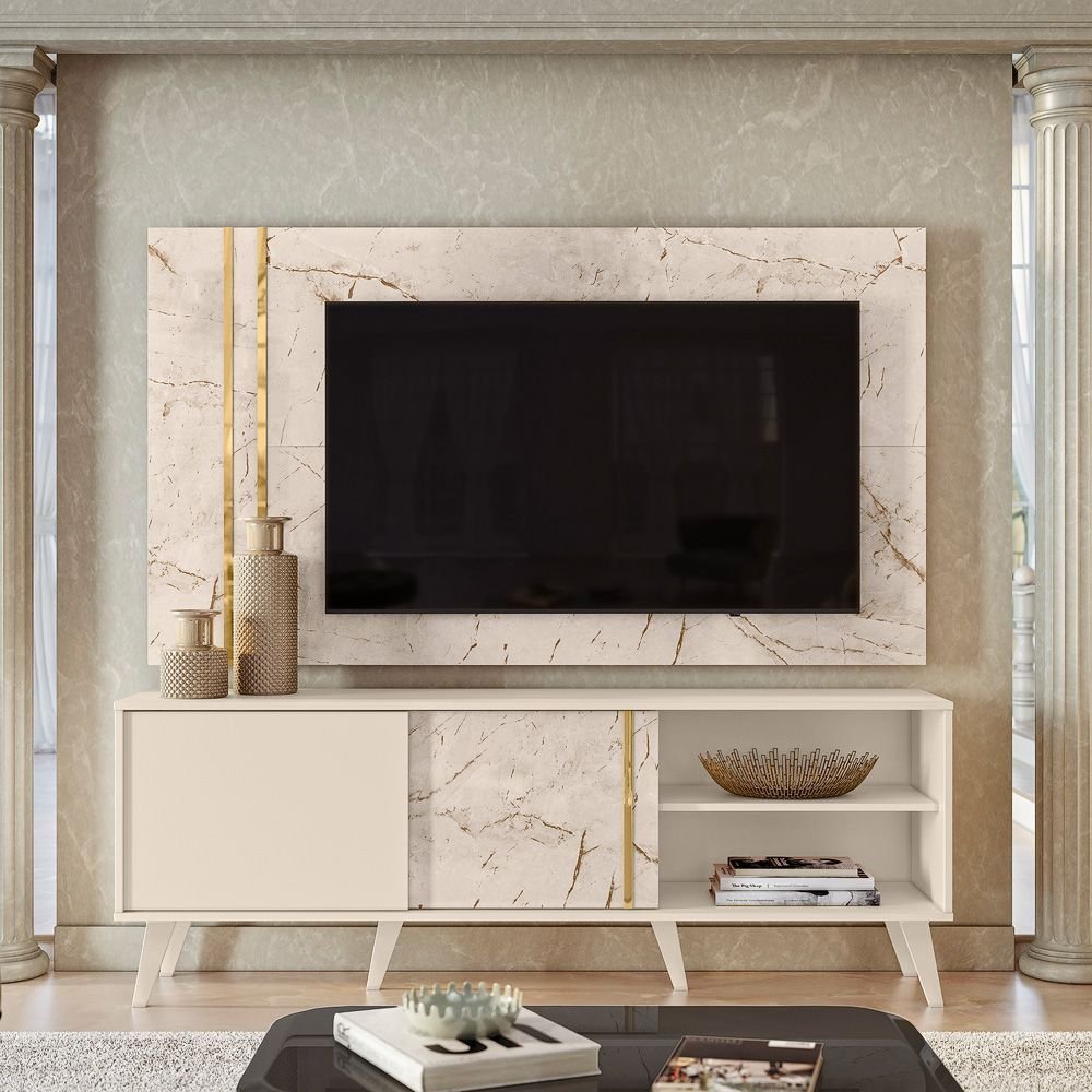 Rack com Painel para TV até 60 Polegadas 2 Portas 147,5x160cm Cronos Yescasa Branco Calacata/Offwhite