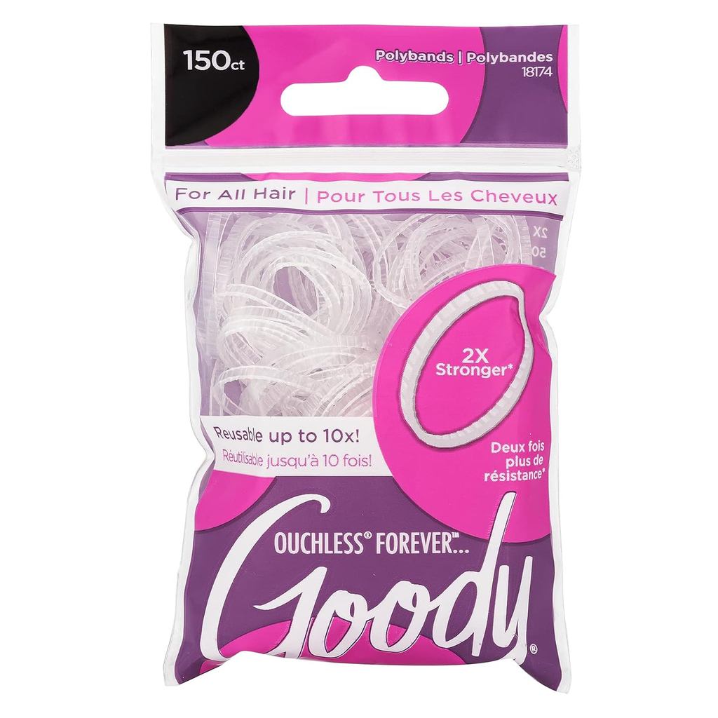 Elásticos de Cabelo Goody Ouchless Forever Polyband, 150 Unidades, Transparentes, Faixas Elásticas, Deslizam Facilmente,