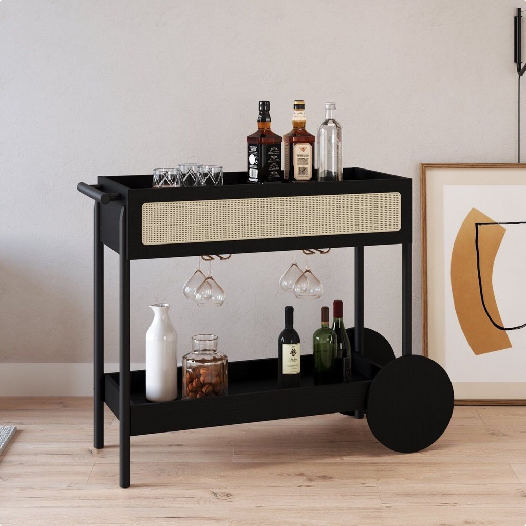 Carrinho Bar 1 Gaveta 112cm com Porta Taças Palhinha Pé Madeira Oslo Preto/Nero Nero/Preto