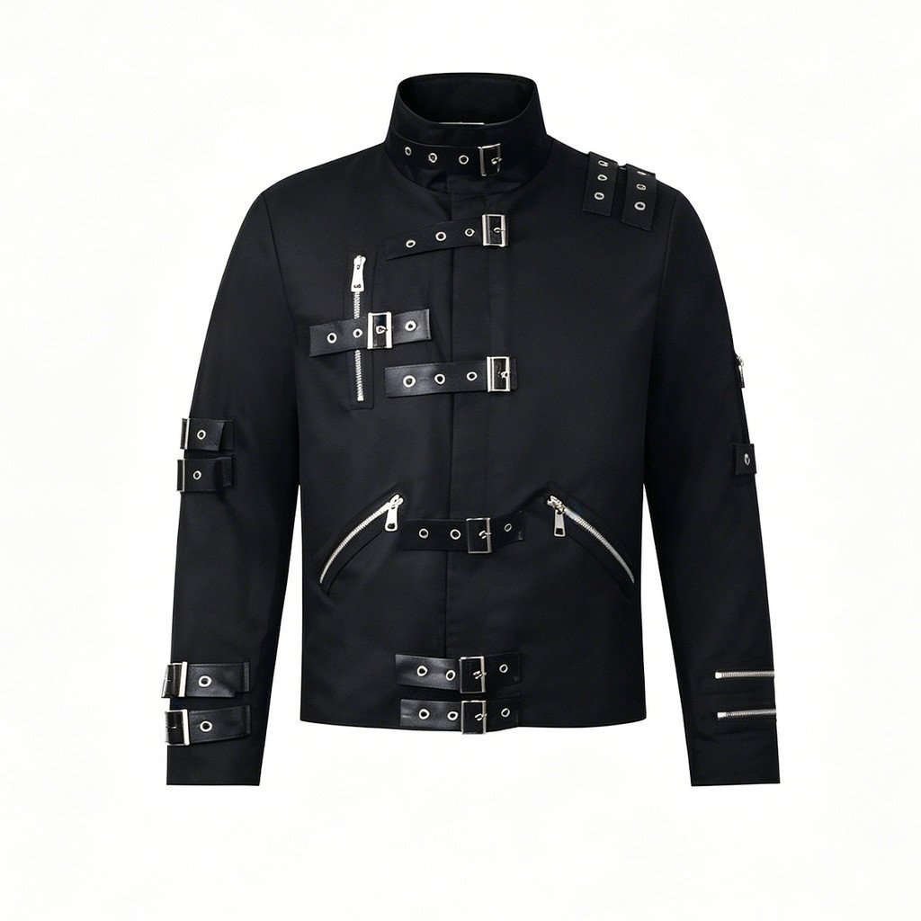 Fantasia de cosplay do Michael Jackson (MJ), jaqueta punk de palco no mesmo estilo, roupa de performance heavy metal.