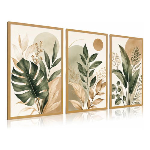Kit 3 Quadros Arte Botânica Minimalista Folhagens Tropicais