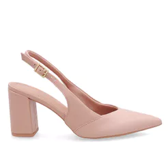 Slingback Salto Bloco Em Couro Bege Com Bico Fino