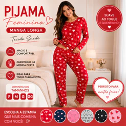 Pijama Feminino Longo Em Suede Estampado Manga Longa