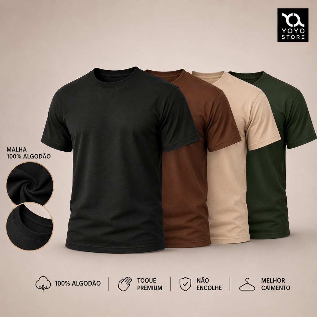 Kit 4 Camiseta Dia a Dia 100% Algodão Básica Premium Varias Cores Lisa Confortável Macia Leve Respirável P ao GG