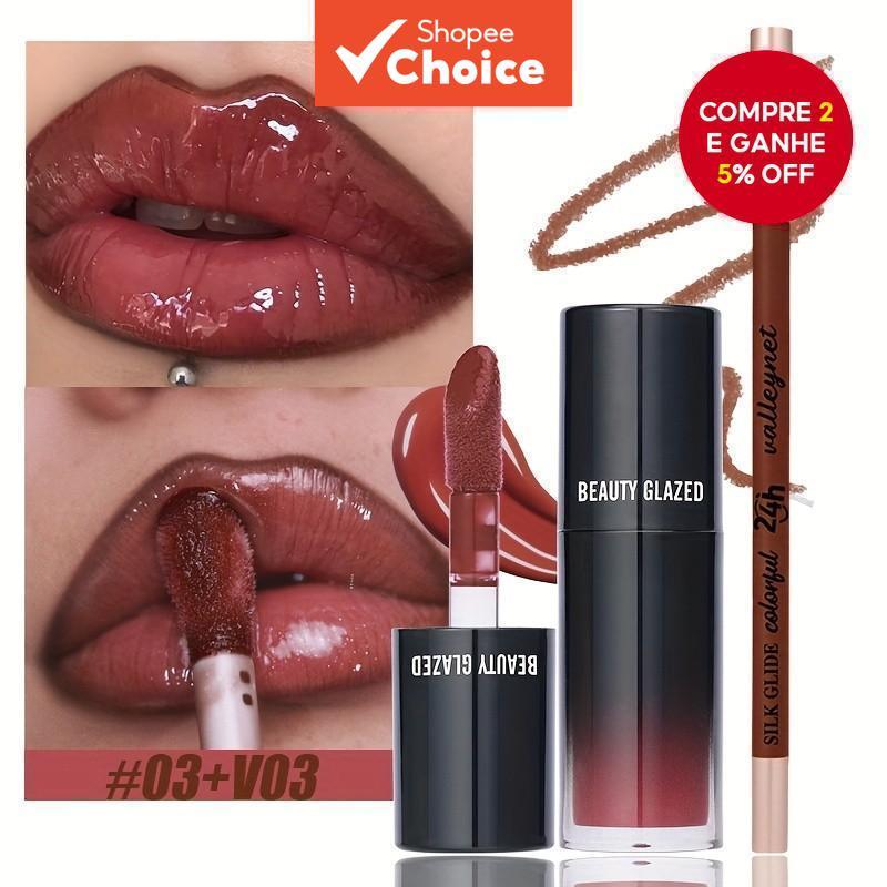 Conjunto De Brilho Labial E Delineador 2 Unidades-Kit Não Pegajoso De Hidratação Nutritiva Com Colorido Nude Natural , B