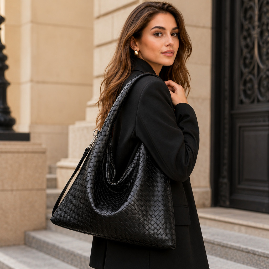Bolsa Tote Feminina Grande Trançada de Ombro Couro PU para Trabalho Shopping e Viagem