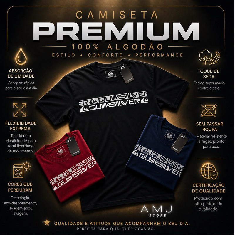 Camiseta 100% Algodão Letreiro QuikSilver Masculino | Promoção | Dia a Dia Plus Size G1 ao G3