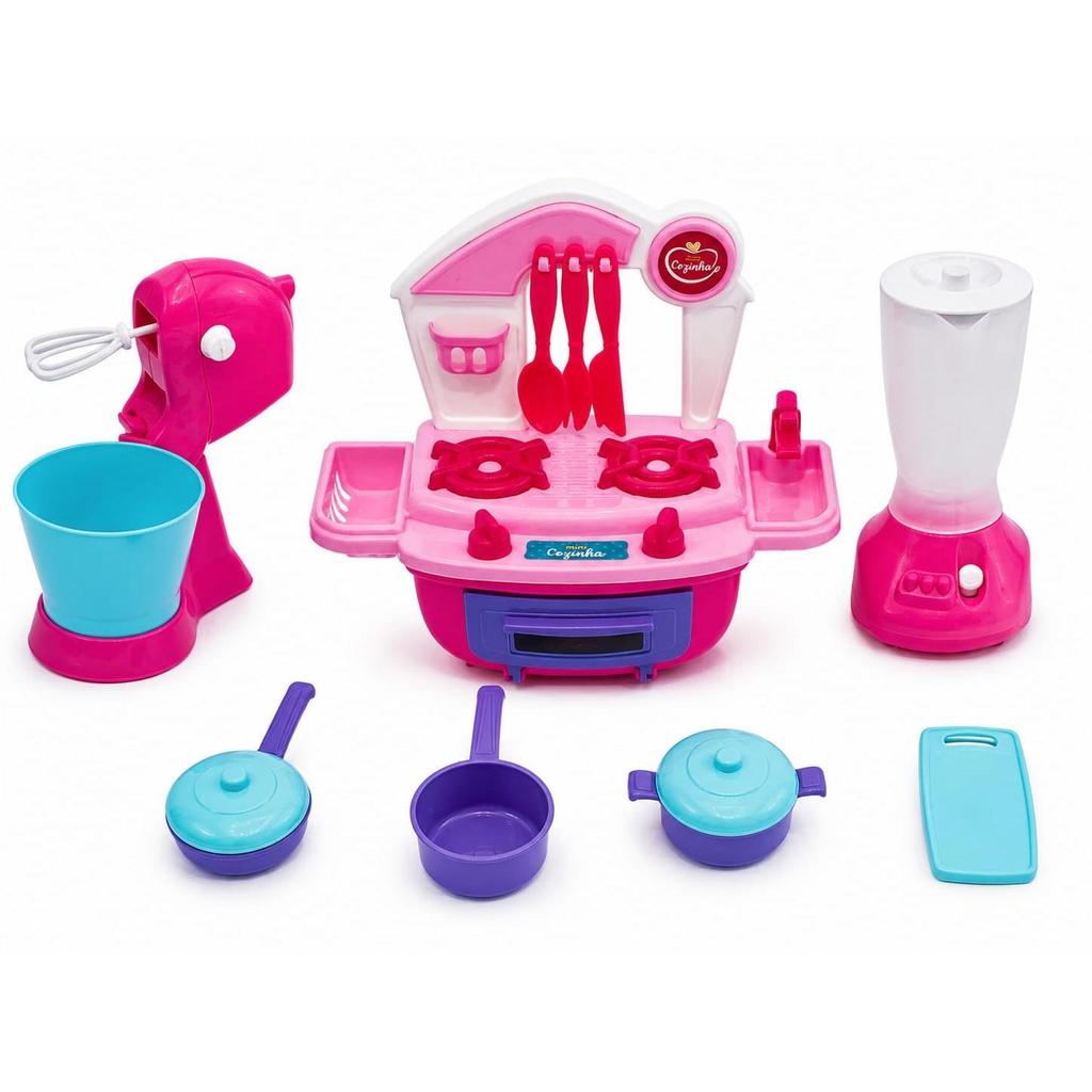 Kit mini Cozinha Infantil com Fogão, Liquidificador, Batedeira, Panelinhas e Acessórios brinquedo faz de conta rosa