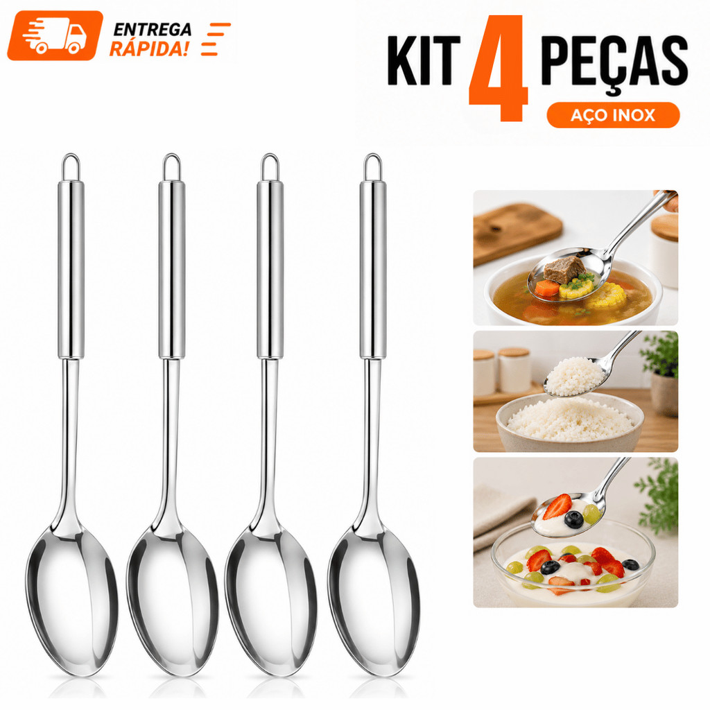KIT 4/3/2 Colher De Arroz GRANDE Cabo Longo 100 % Aço Inox 32cm Casa Restaurante Buffet